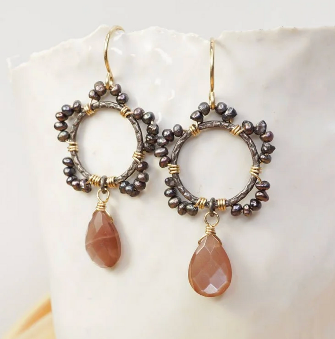 Calliope Tiny Peacock Pearl & Chocolate Moonstone Drop Earrings