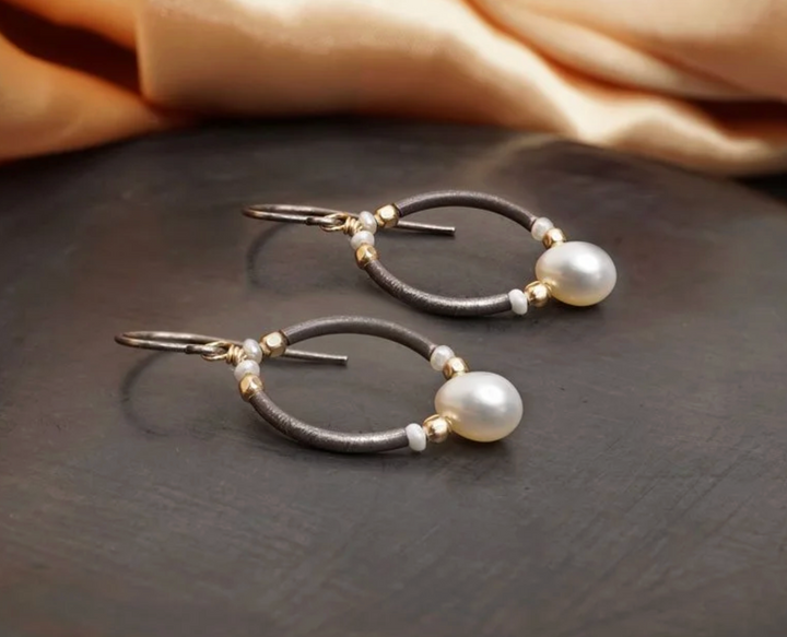 Calliope Round Pearl & Gold Bead Earrings