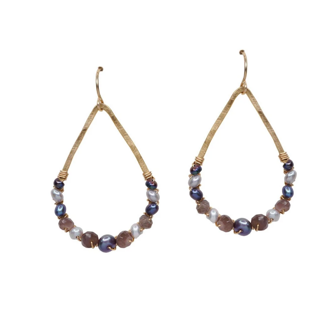 Calliope Pearl & Chocolate Moonstone Wrapped Teardrop Earrings