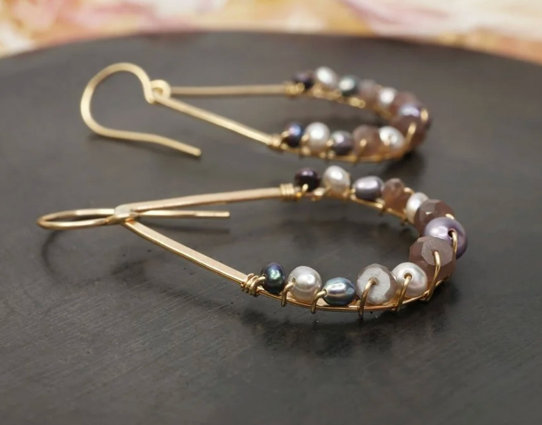 Calliope Pearl & Chocolate Moonstone Wrapped Teardrop Earrings