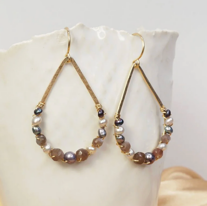 Calliope Pearl & Chocolate Moonstone Wrapped Teardrop Earrings