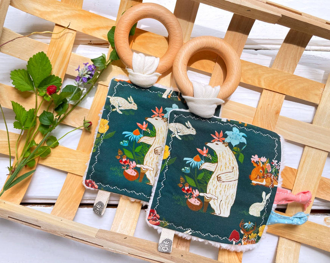 The Bird & Elephant Woodland Crinkle Tag Toy with Teething Ring