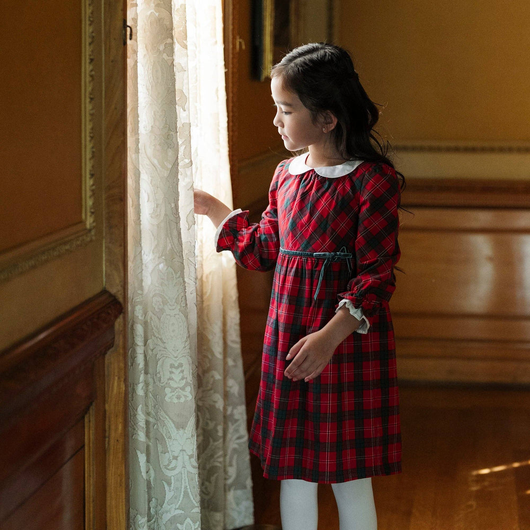 Hope And Henry Organic Peter Pan Collar Ruffle Cuff Dress - London Plaid