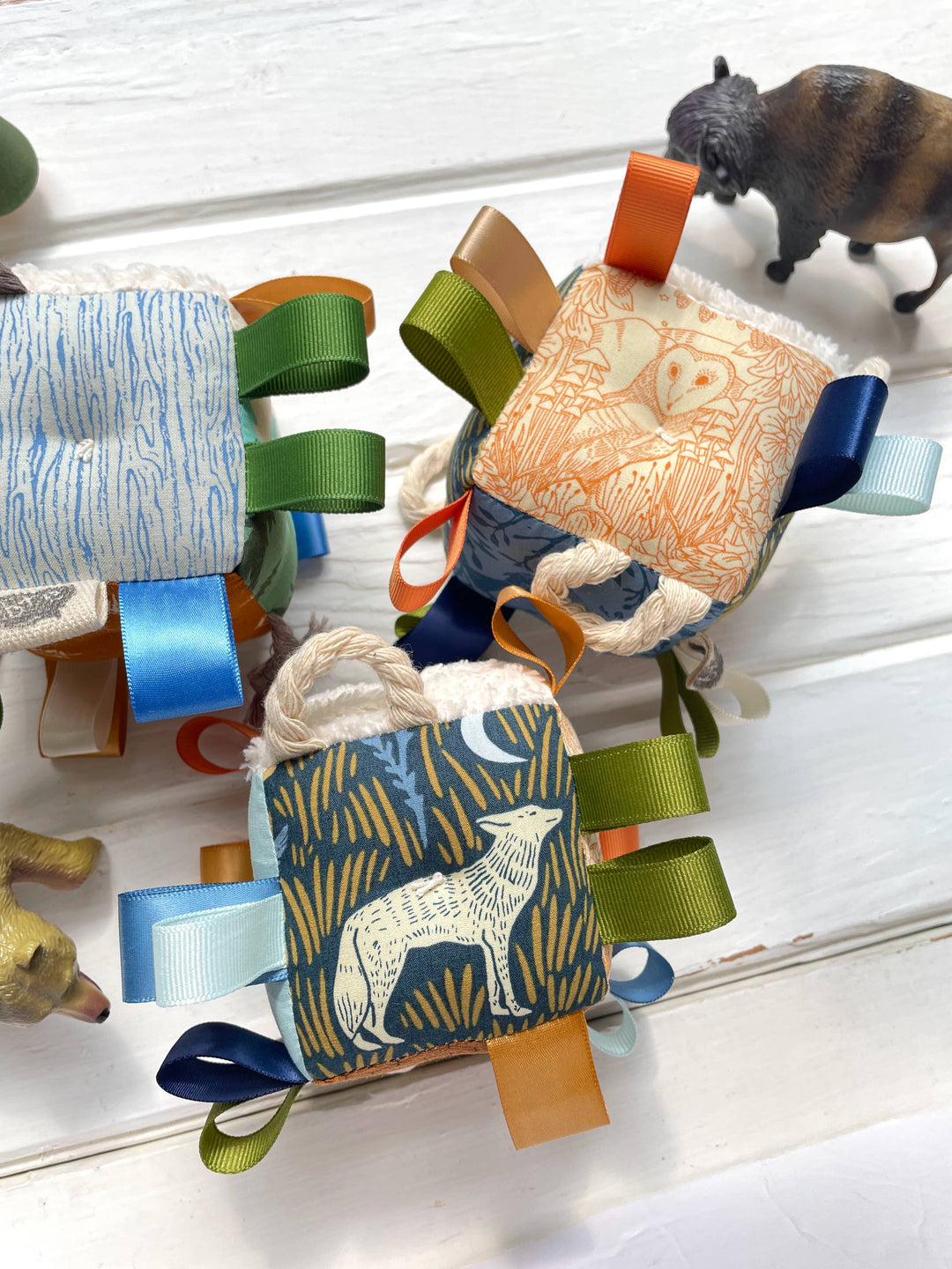 The Bird & Elephant Wolf Owls Baby Plush Block Woodland Baby Taggie