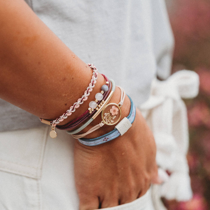 K'lani  "Bloom" Maroon and Pink with Pressed Flowers Hair Tie Bracelets