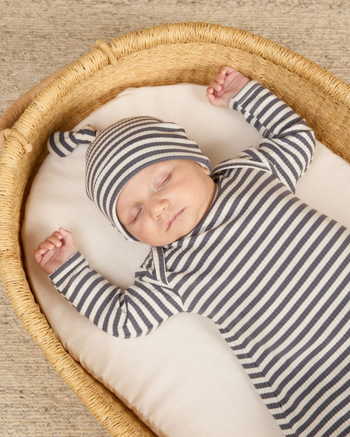 Quincy Mae Knotted Baby Gown + Hat Set - Indigo Stripe