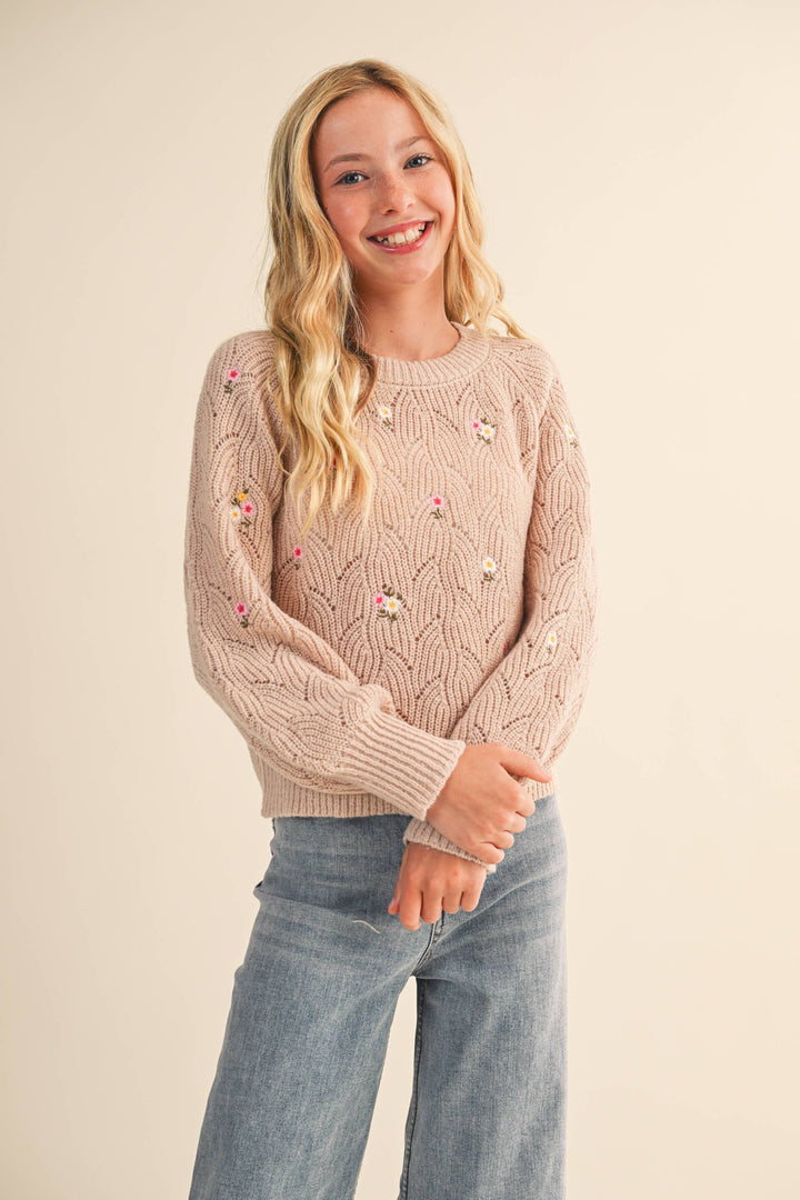 Heart And Arrow Embroidered Floral Pointelle Sweater