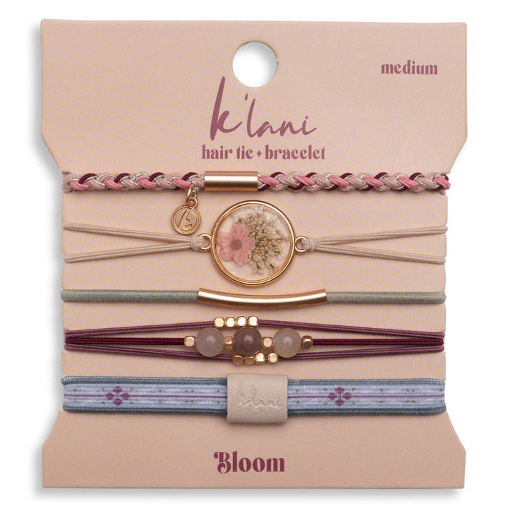 K'lani  "Bloom" Maroon and Pink with Pressed Flowers Hair Tie Bracelets