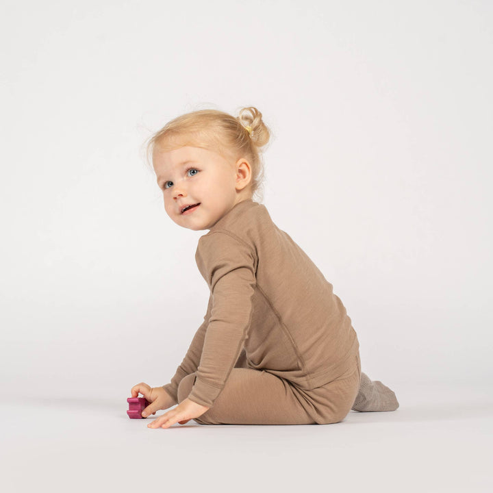 Menique Merino Wool Top & Thermal Pants 2-Piece Set for Kids Beige