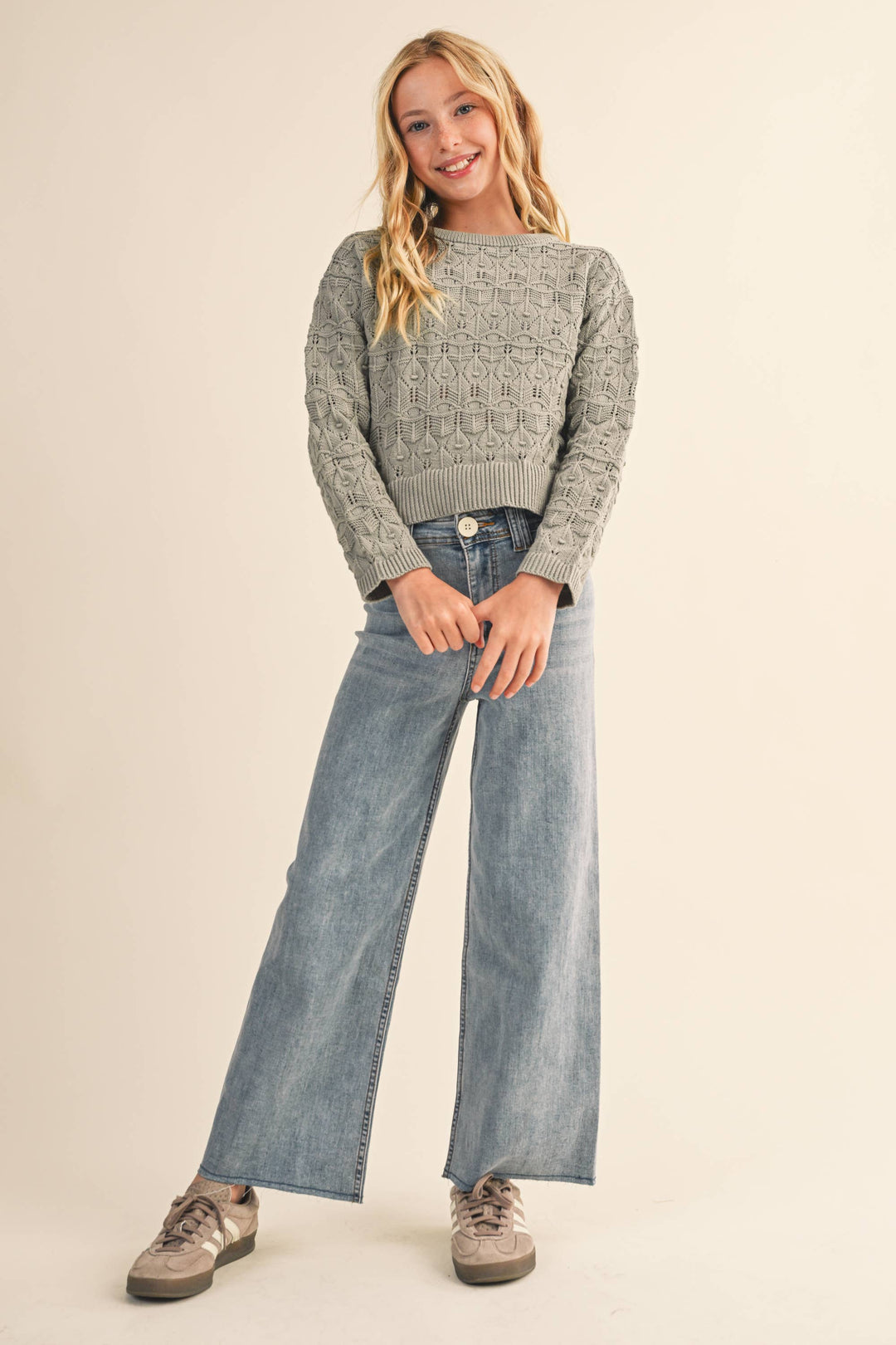 Heart And Arrow Wavy Pointelle Sweater - Green