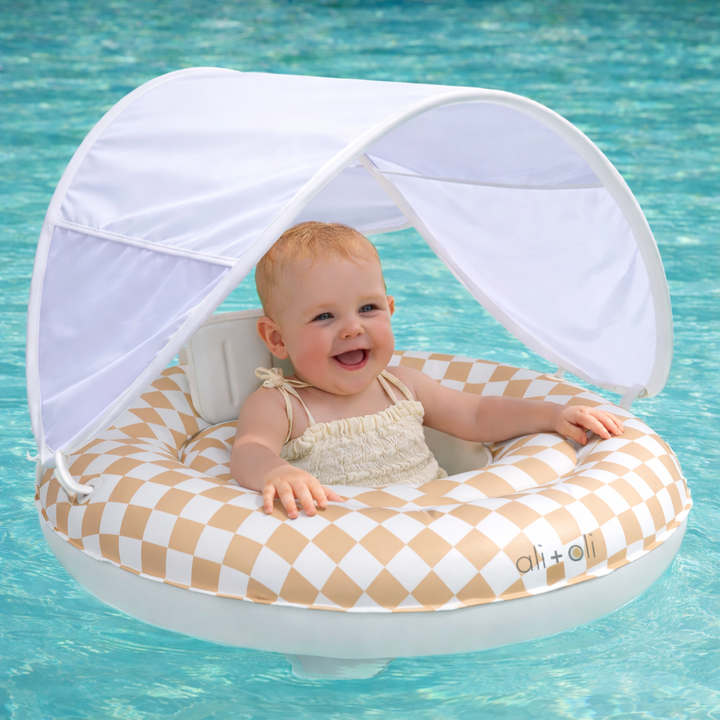 Ali+Oli Baby Swim Seat with Sun Canopy - Tan Checkers