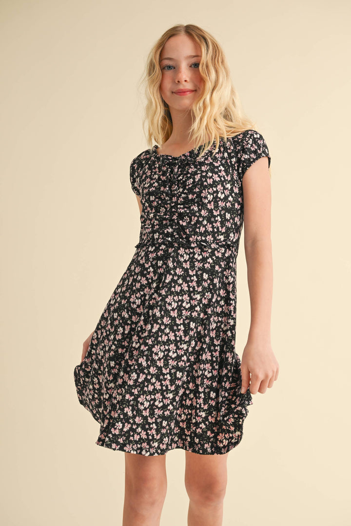 Heart And Arrow Puff Sleeve Cinch Front Dress