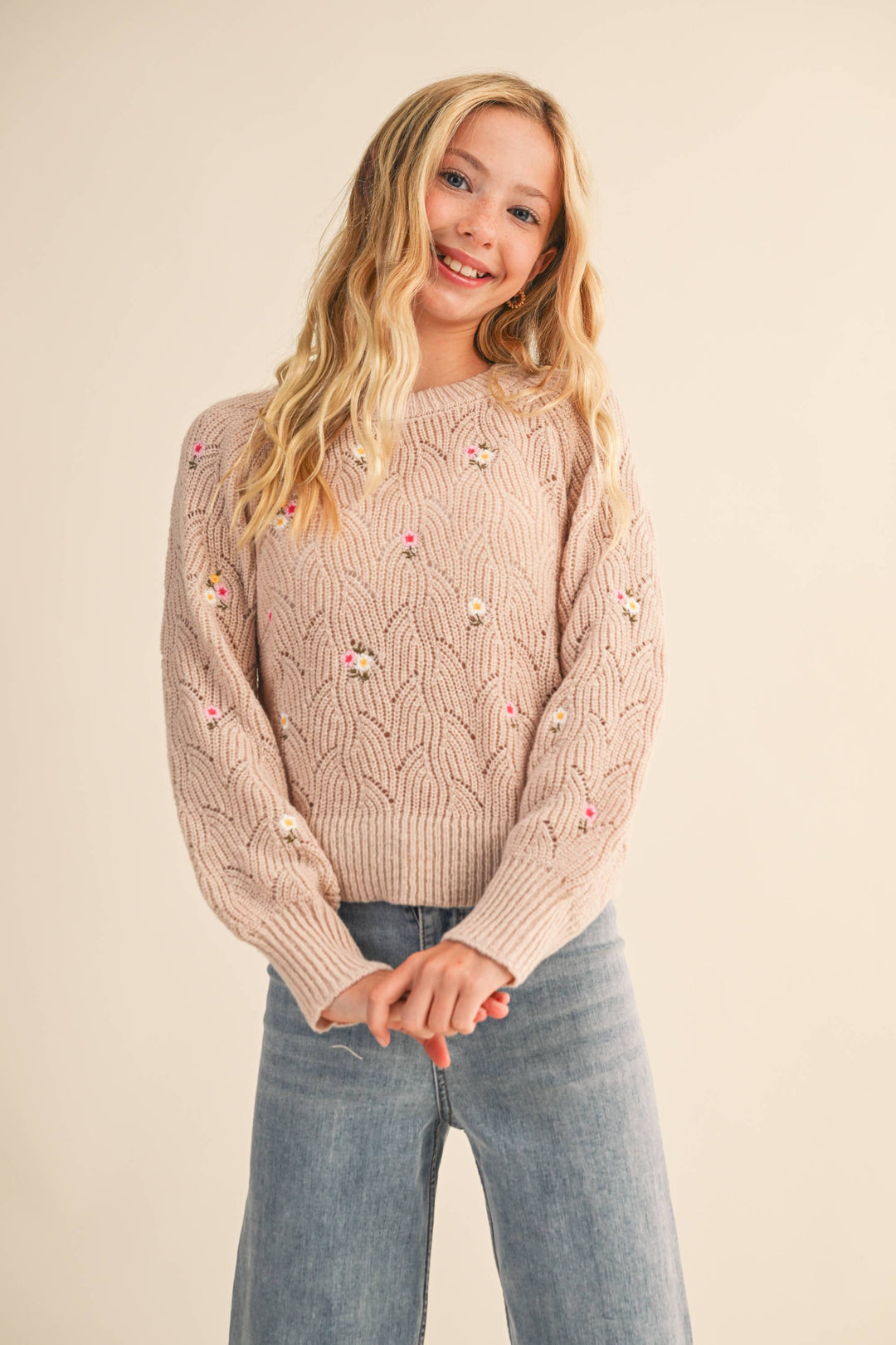 Heart And Arrow Embroidered Floral Pointelle Sweater