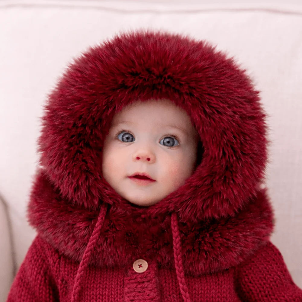 Huggalugs Fur Collar Cardigan - Crimson