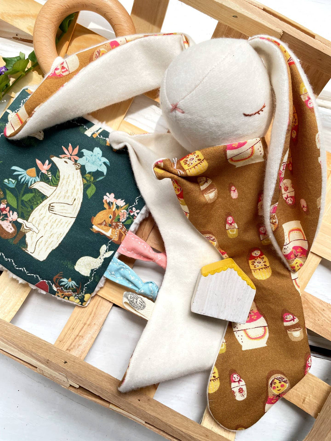 The Bird & Elephant Woodland Crinkle Tag Toy with Teething Ring