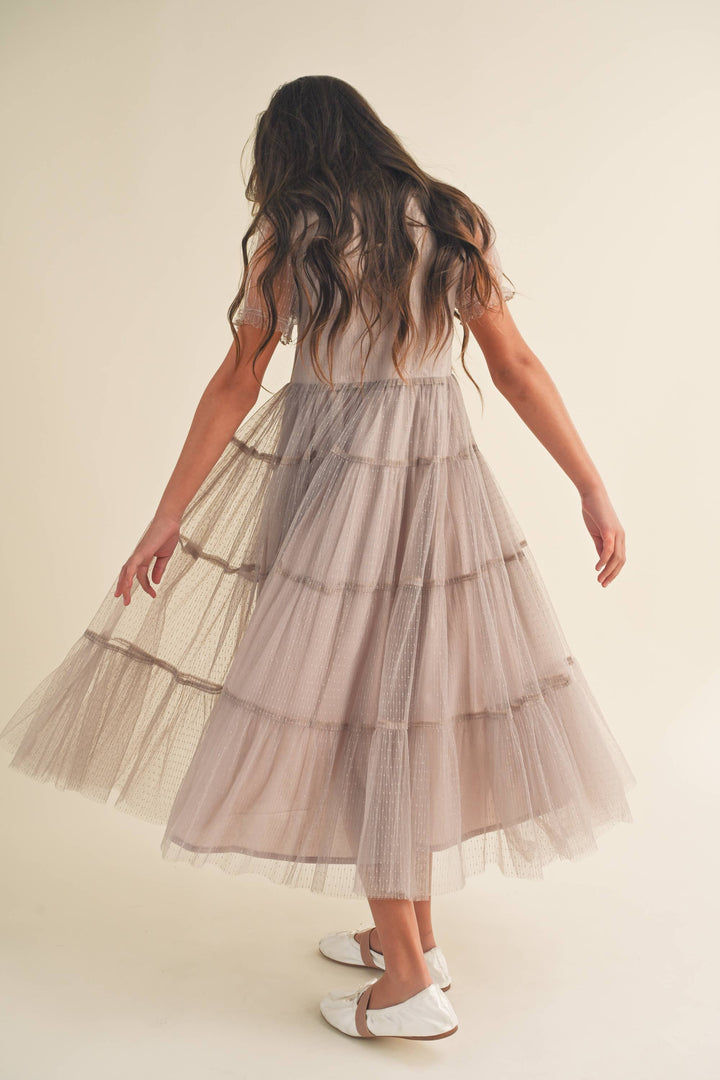 Heart And Arrow Puff Sleeve Tiered Midi DressT