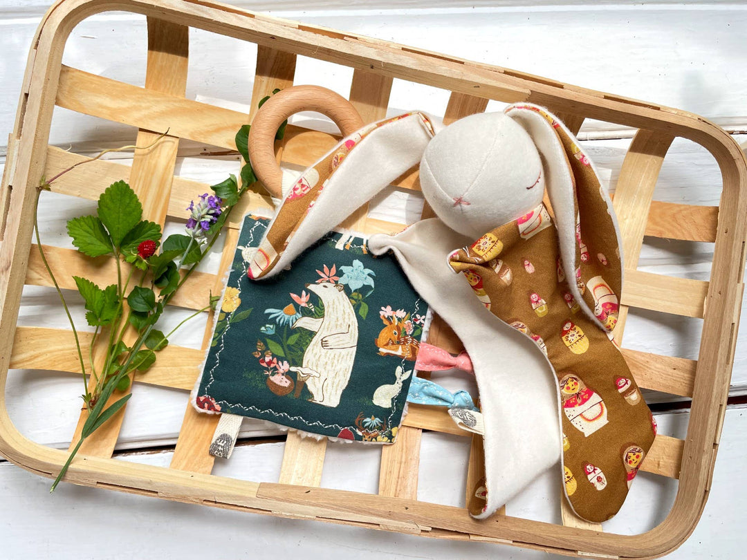 The Bird & Elephant Woodland Crinkle Tag Toy with Teething Ring