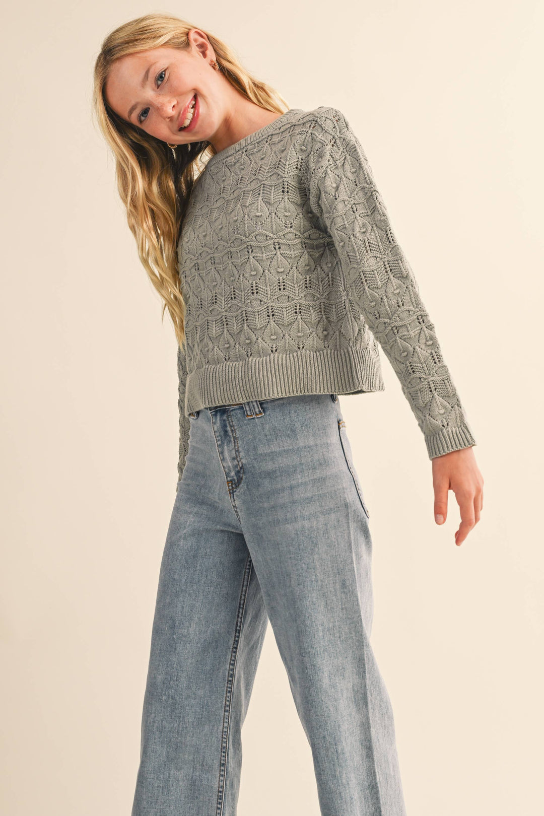 Heart And Arrow Wavy Pointelle Sweater - Green