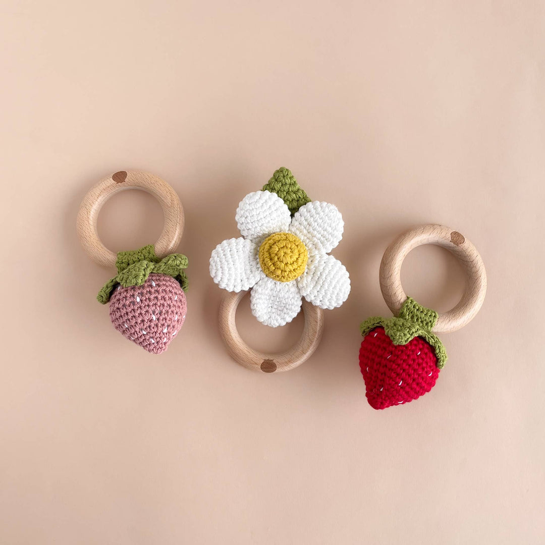 The Blueberry Hill Teether + Rattle - White Flower Crochet