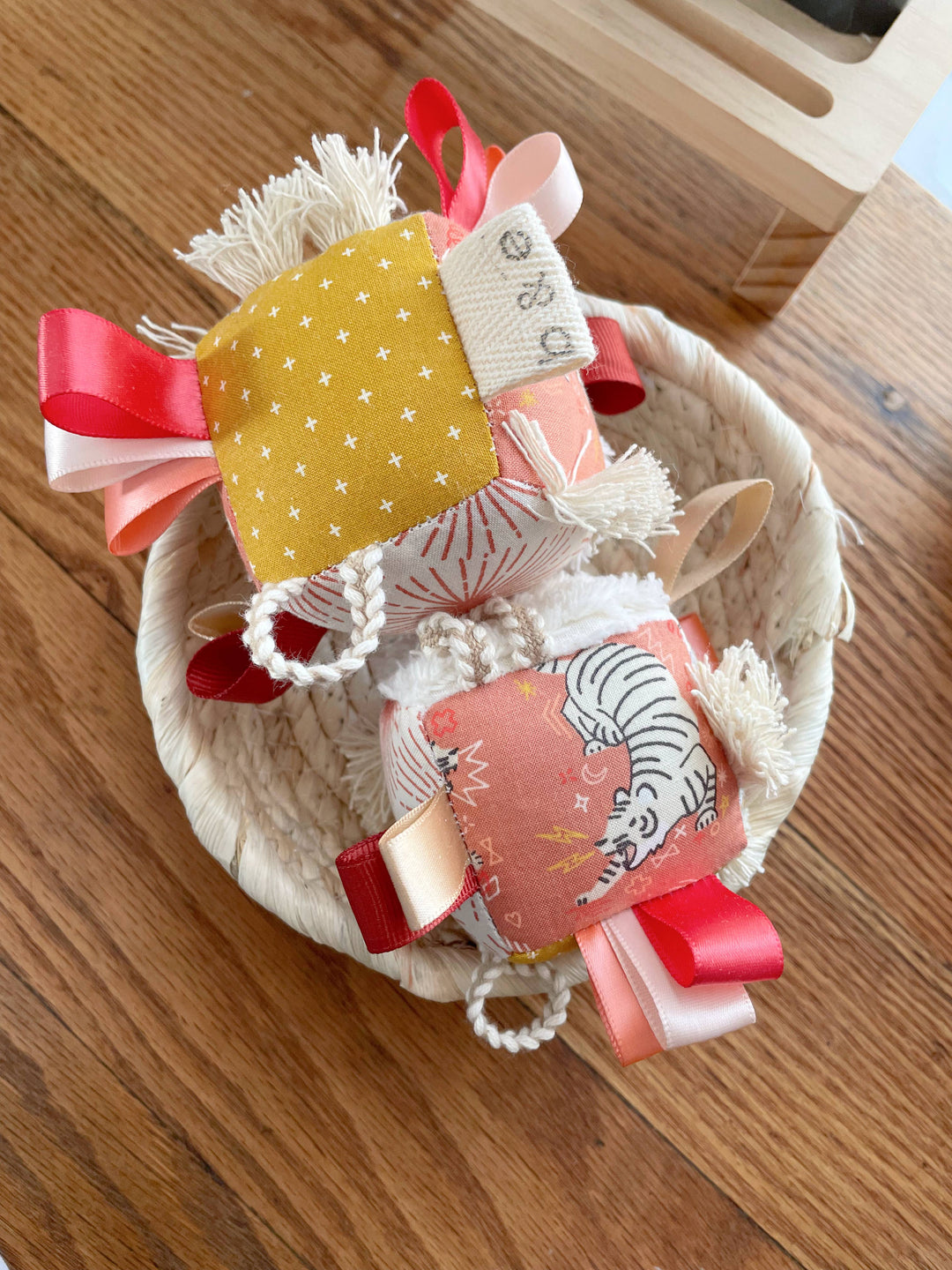 The Bird & Elephant Plush Block Baby Tag Toy - Tiger Sun