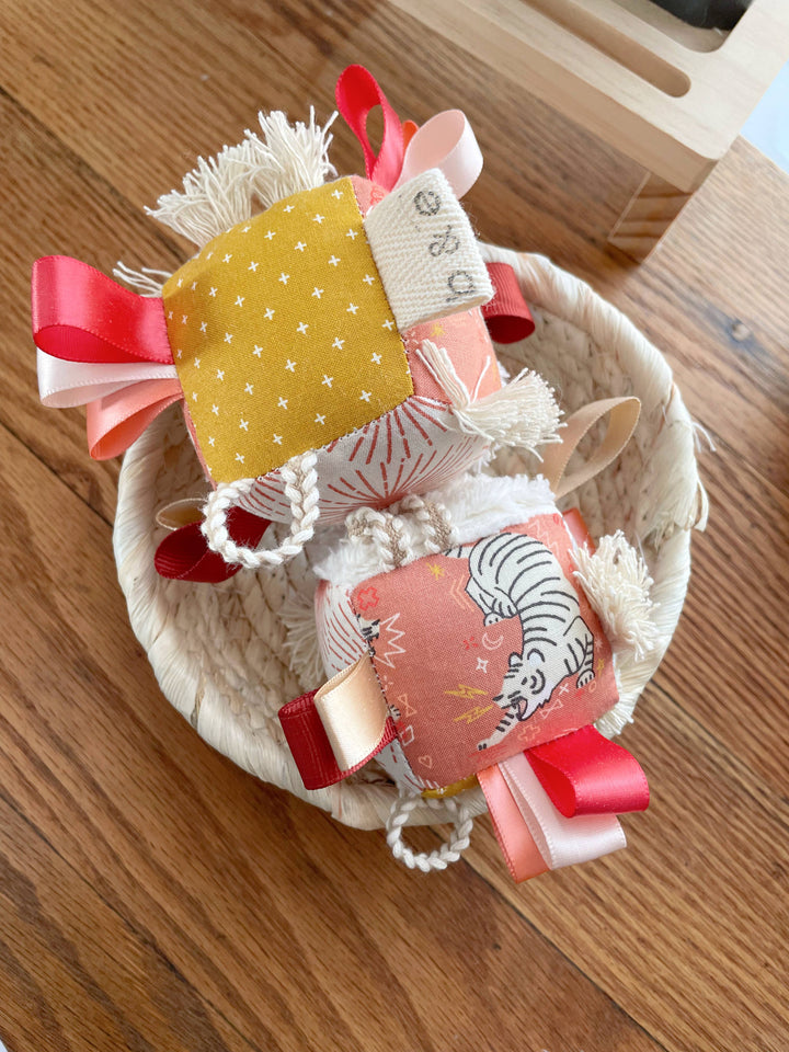 The Bird & Elephant Plush Block Baby Tag Toy - Tiger Sun