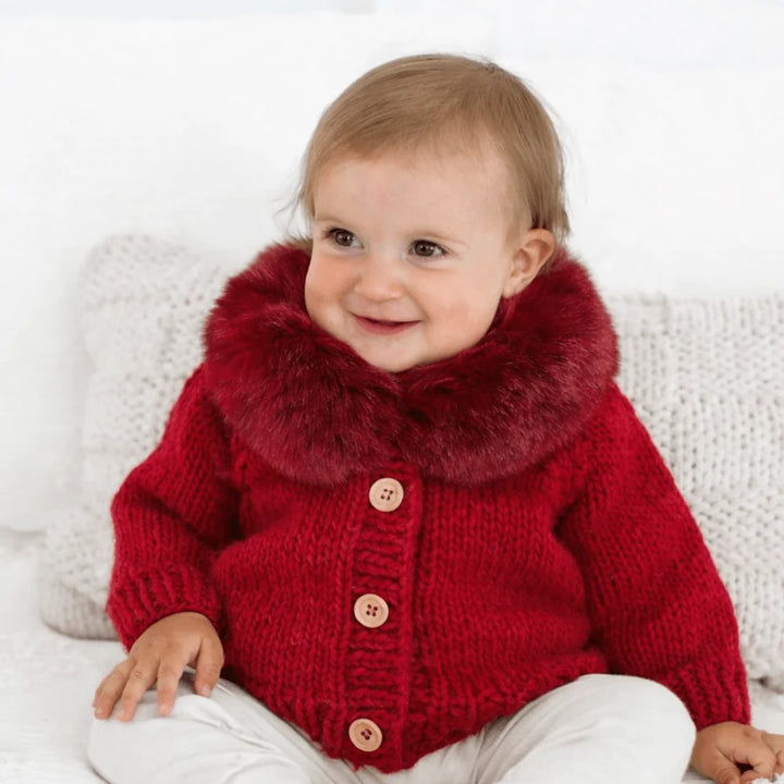 Huggalugs Fur Collar Cardigan - Crimson
