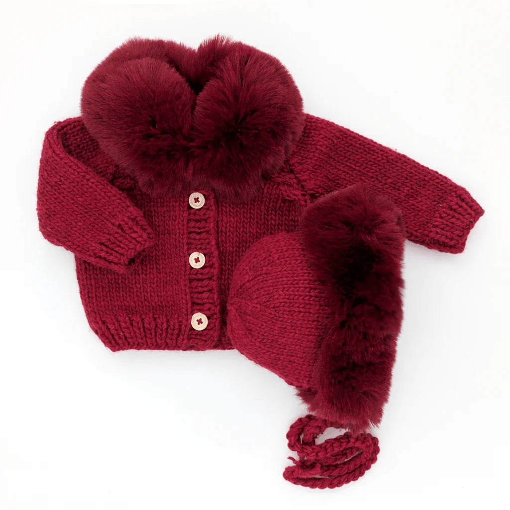 Huggalugs Fur Collar Cardigan - Crimson