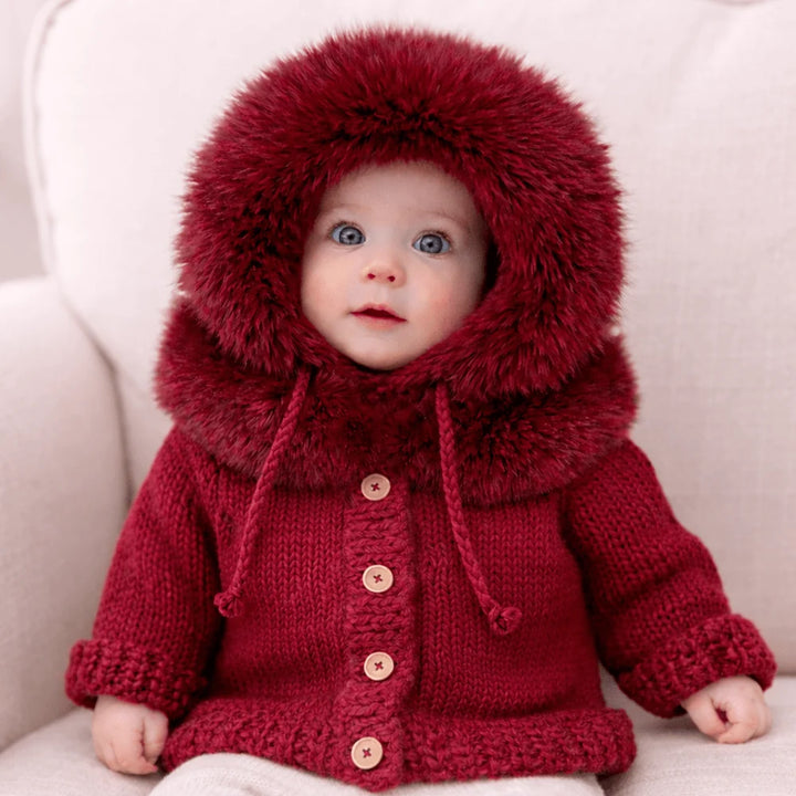 Huggalugs Fur Collar Cardigan - Crimson