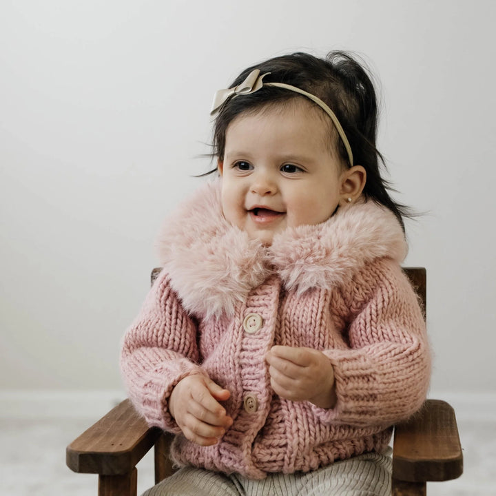 Huggalugs Fur Collar Cardigan - Rosy