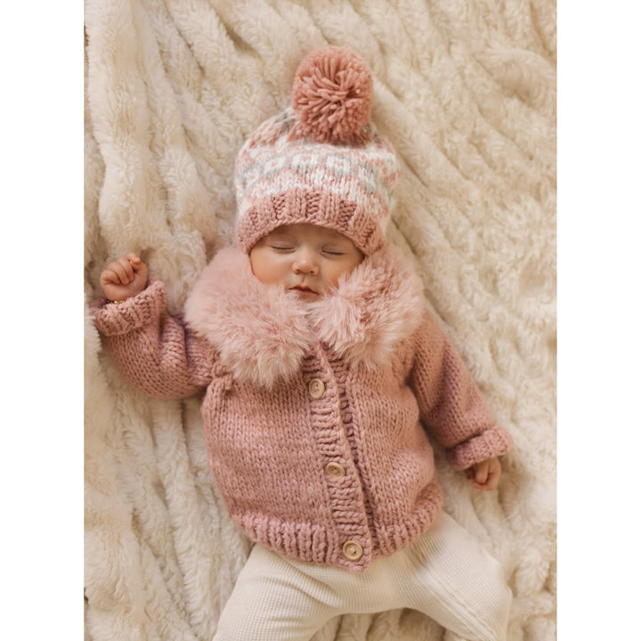 Huggalugs Fur Collar Cardigan - Rosy