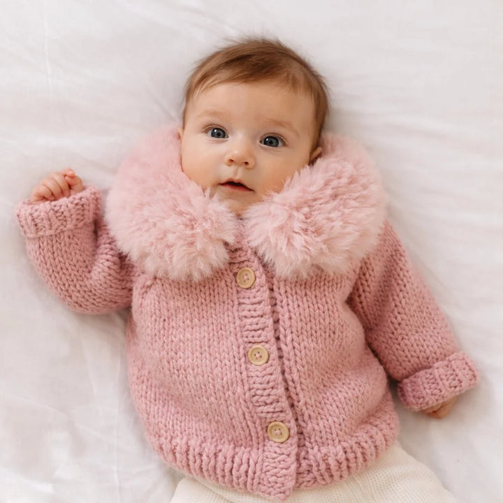 Huggalugs Fur Collar Cardigan - Rosy