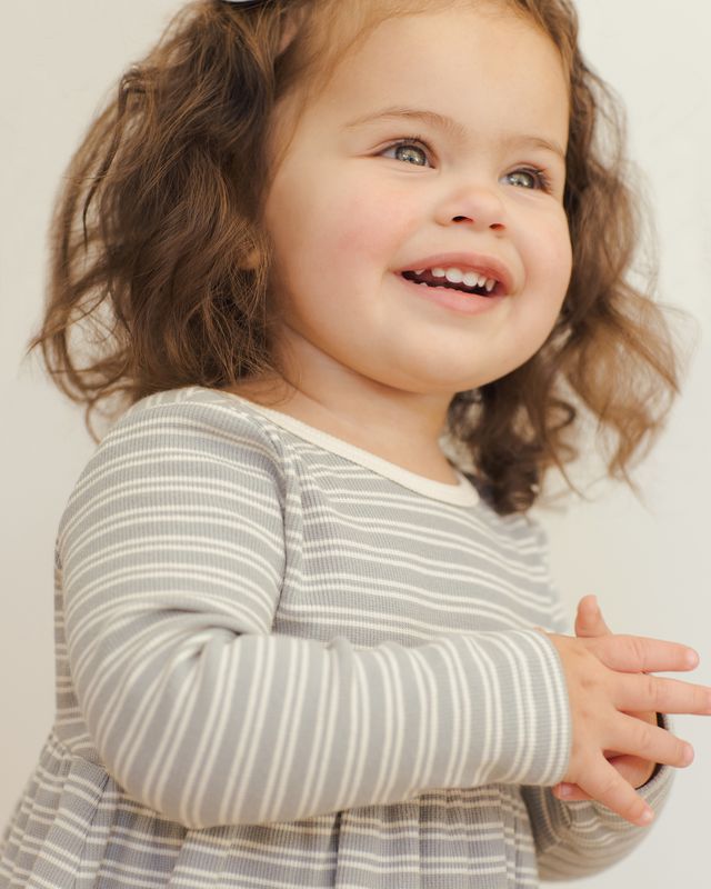 Quincy Mae Ribbed Long Sleeve Dress - Steel Blue Micro Stripe