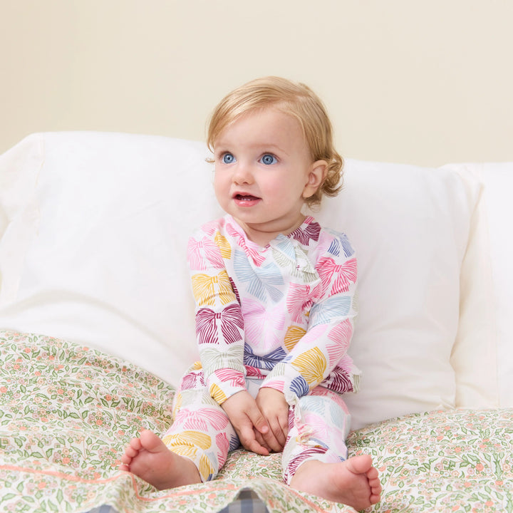 Pink Chicken Ruffle Bamboo Romper - Bright Multi Bows