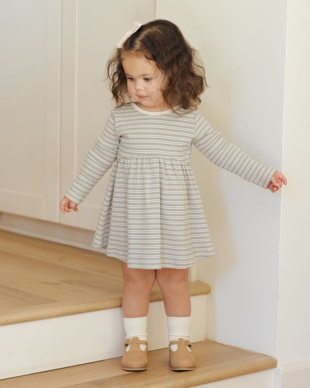 Quincy Mae Ribbed Long Sleeve Dress - Steel Blue Micro Stripe