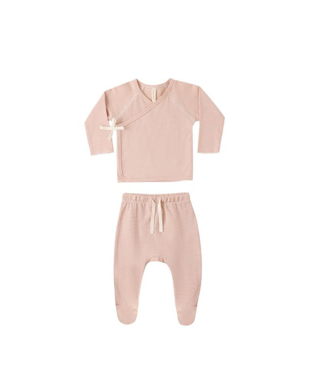 Quincy Mae Wrap Top + Footed Pant Set - Melon Micro Stripe