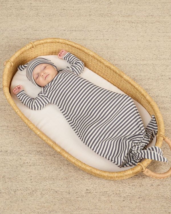 Quincy Mae Knotted Baby Gown + Hat Set - Indigo Stripe