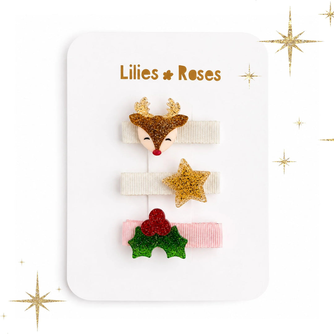 Lilies & Roses Hair Clips - Little Reindeer Star Holly Berry