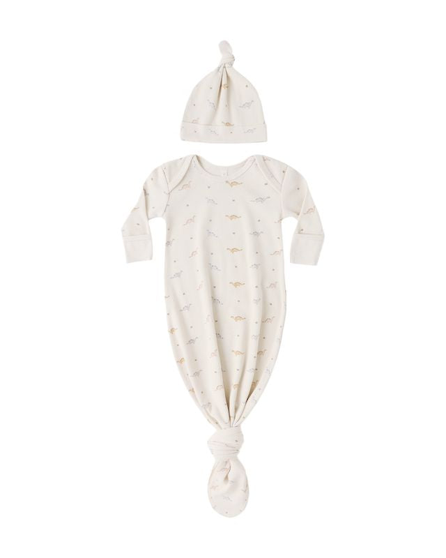 Quincy Mae Knotted Baby Gown + Hat Set - Dinos