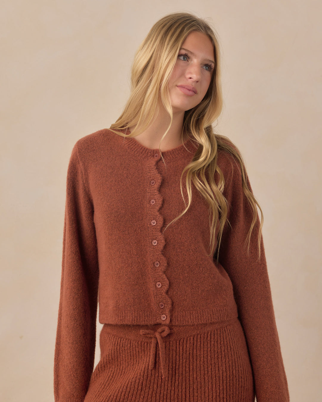 Rylee + Cru Teen Scallop Cardigan - Brick