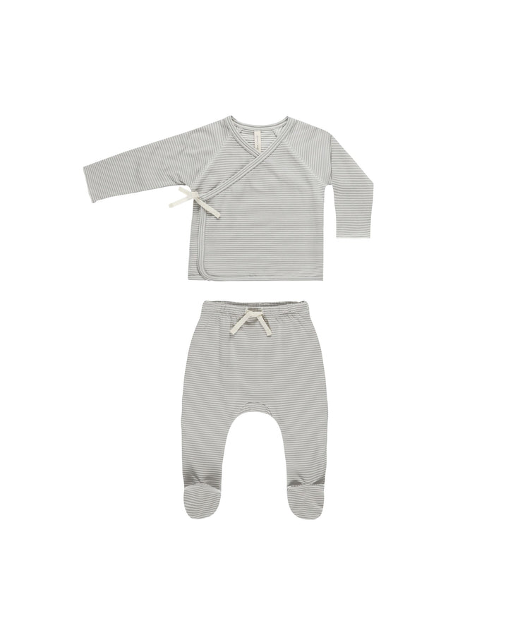 Quincy Mae Wrap Top + Footed Pant Set - Blue Micro Stripe