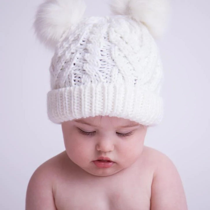 Huggalugs Winter White Fluffer Beanie Knit Hat