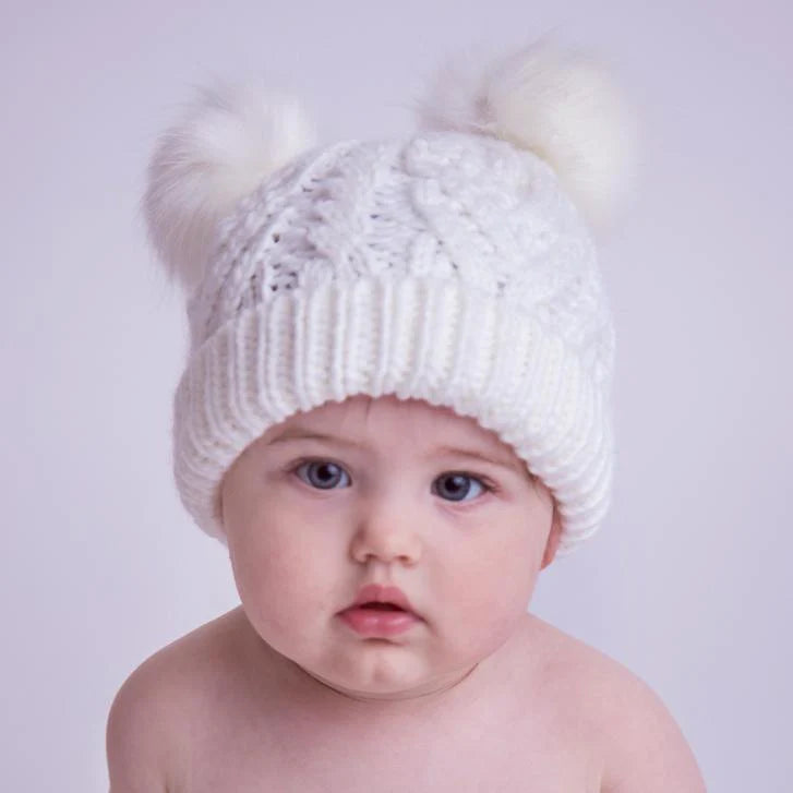 Huggalugs Winter White Fluffer Beanie Knit Hat