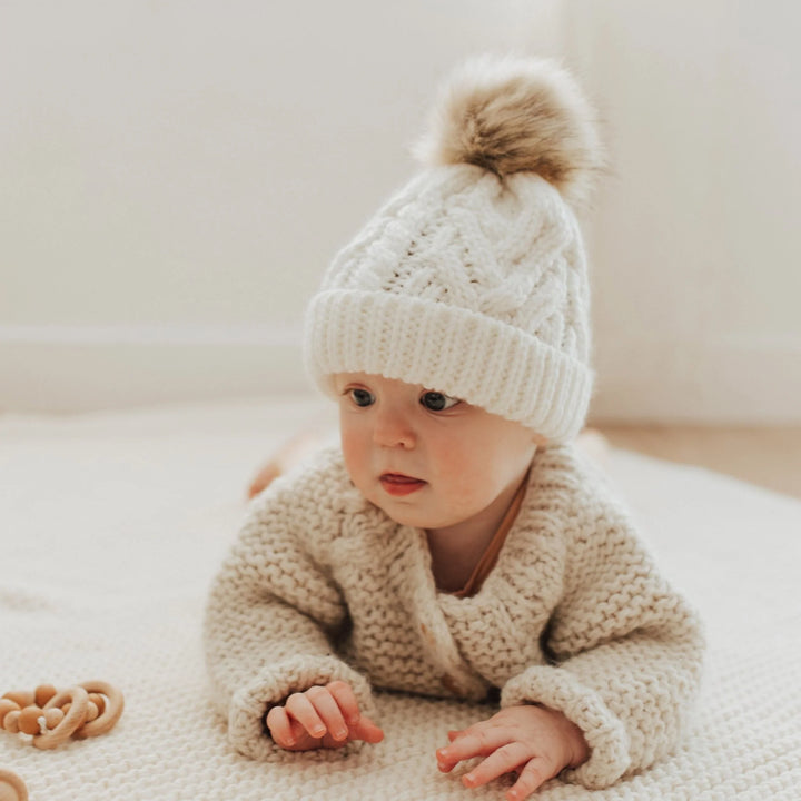 Huggalugs Winter White Pop Knit Beanie