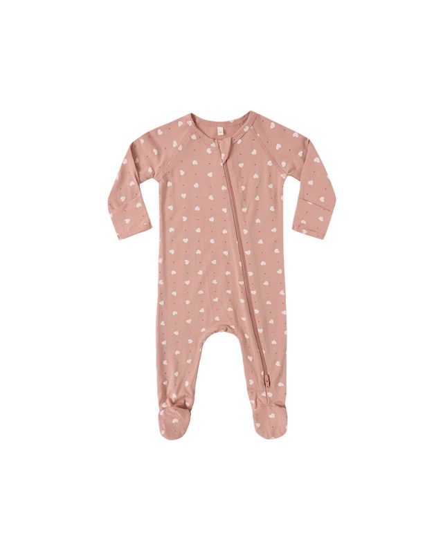 Quincy Mae Bamboo Zip Footie - Pink Hearts