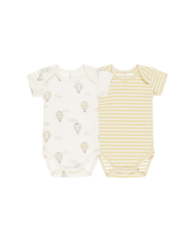 Quincy Mae Short Sleeve Bodysuit 2 Pack - Hot Air Balloons, Yellow Stripe